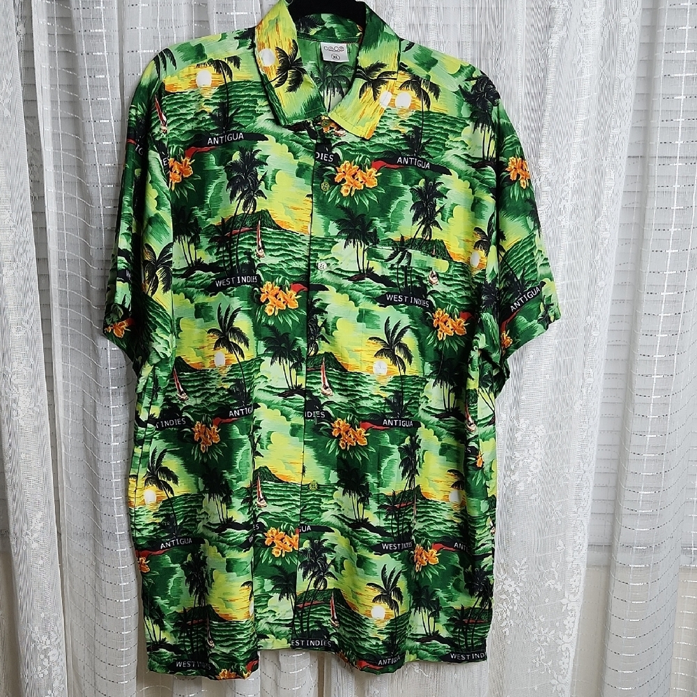 Green Tropical Print Men's Shirt SzXL